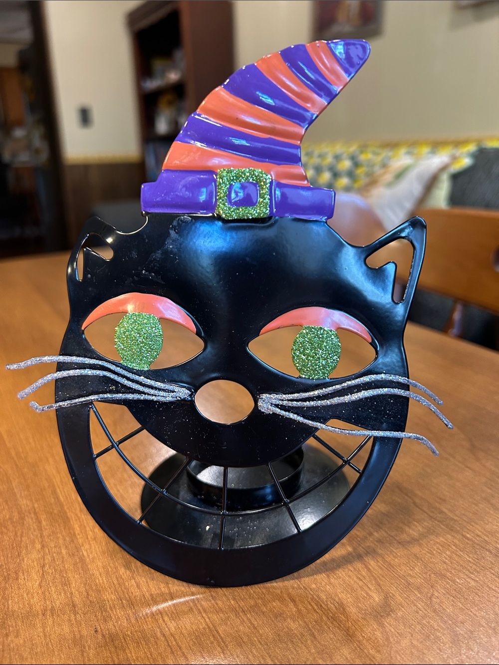 Decorative Black Cat Tea Light holder with Purple & Orange Witch Hat -